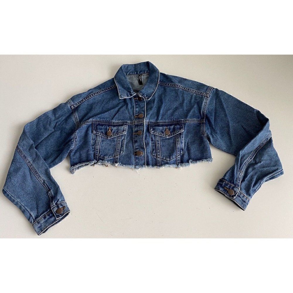 American Bazi Cropped Denim Button Jacket Women’s Sz S Long Distressed Back Dark
